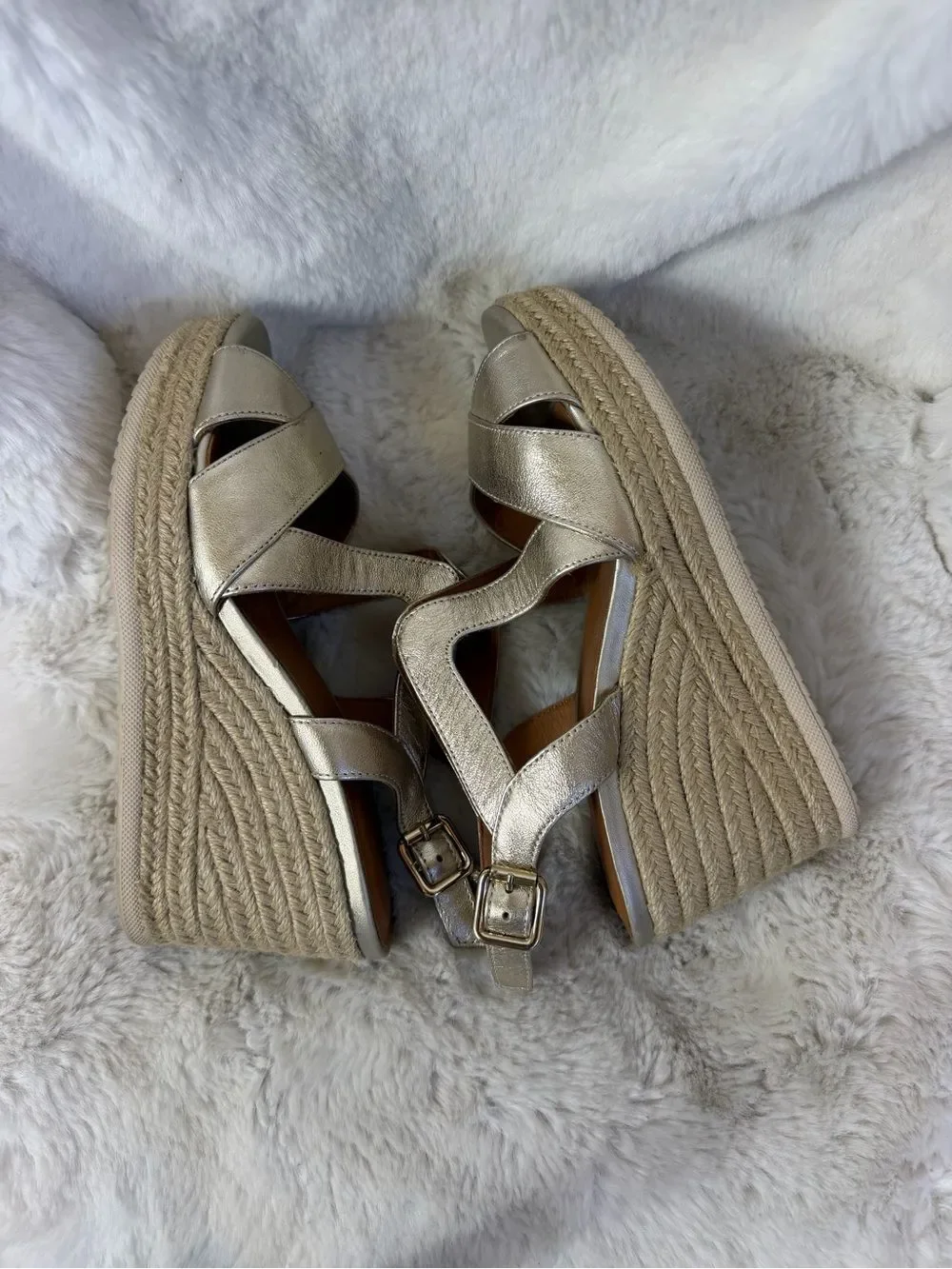 Geox Women's Gold Tone Leather Criss Cross Strap Wedge Espadrilles Size 38